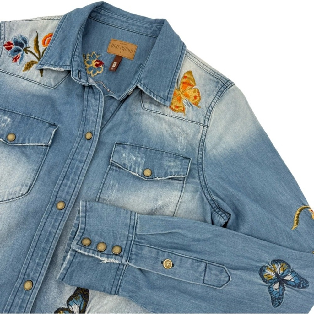 DRIFTWOOD Small Denim Shacket Blue Embroidered Butterfly Floral Olivia Shirt